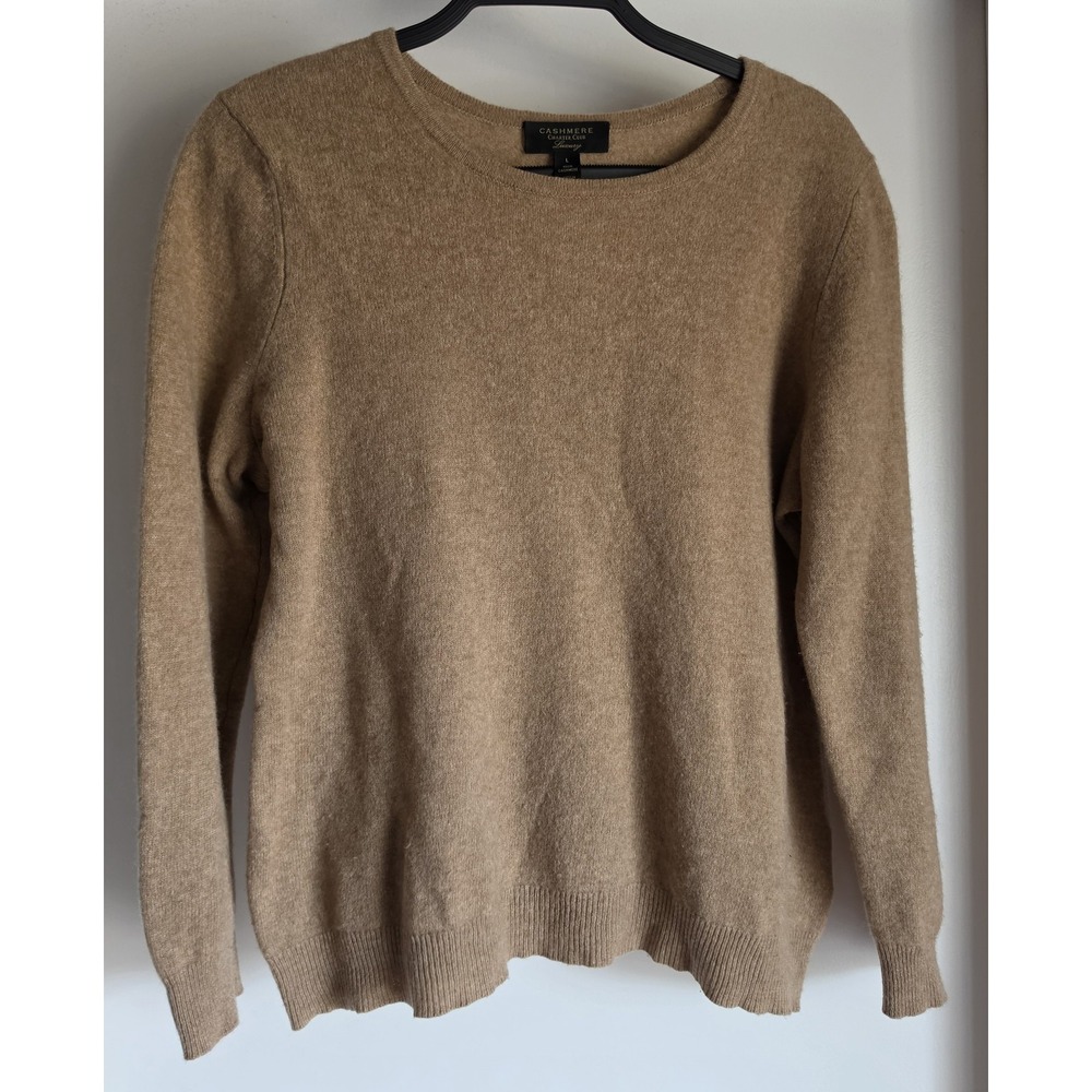 Charter Club Cashmere Sweater L Tan Solid Round Neck Long Sleeve Pullover